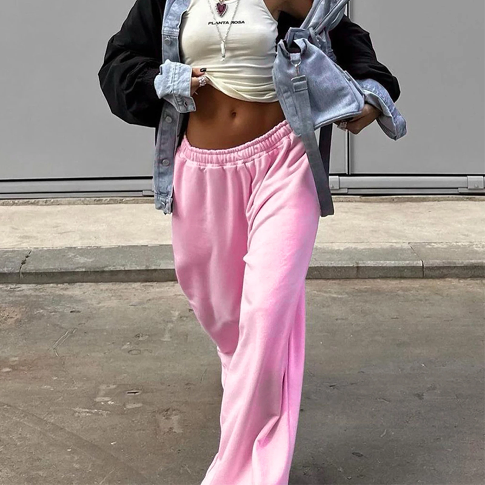 Women's Casual Baggy Pants Pink Elastic Waistband High Waist Cargo Pants Jogger Pants with Pockets Sweatpants Streetwear