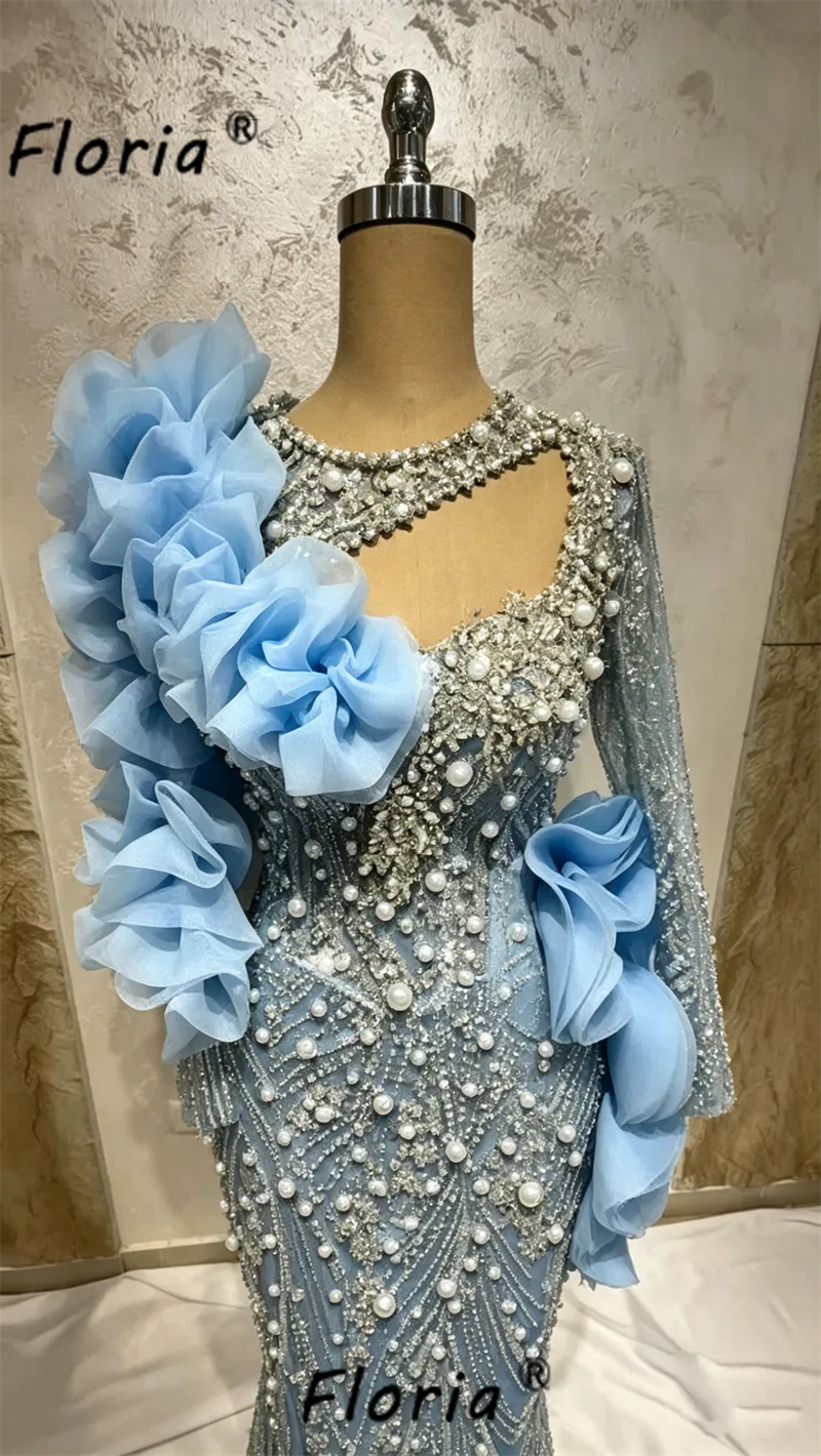 Elegant Blue Pearls Mermaid Evening Dresses Ruffle Crystals Wedding Party Beads Celebrity Red Carpet Dress Robes de soiree 2026