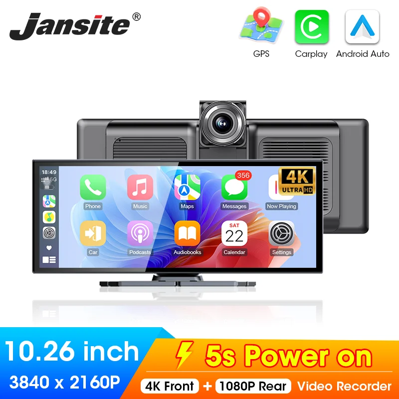Jansite 5GHz WiFi Dash Cam 4K+1080P Carplay Android Auto 10.26