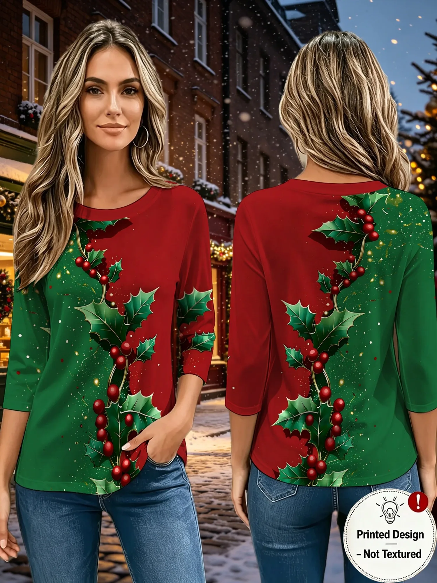 [Printed Design-Not Textured] Fresh Christmas Style Red Green Contrast Holly Leaf And Red Berry Print Classic Eye-Catching Matchable 3/4 Sleeve Round Neck Top