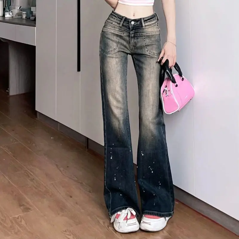 Original Design Spicy Girl Style Low-Waisted Jeans Women\'s Contrast Washable Old Zip Pocket Button Autumn Slim Micro Flare Pants