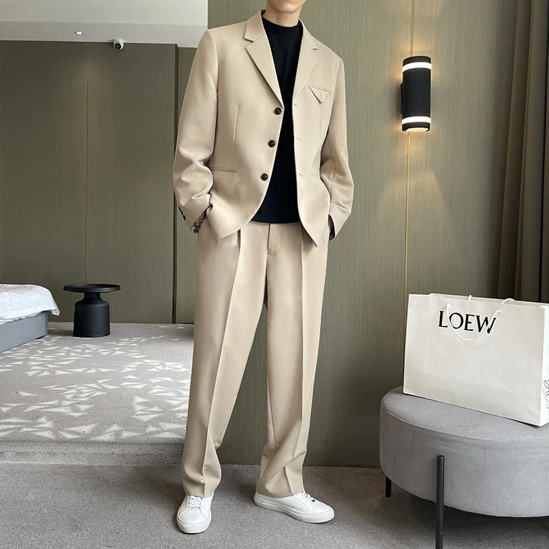 Male Business Office 2 Pieces Suits Jacket Blazers Pant Men Korean Streetwear Fashion Loose Casual Vintage Suit Coat Trousers