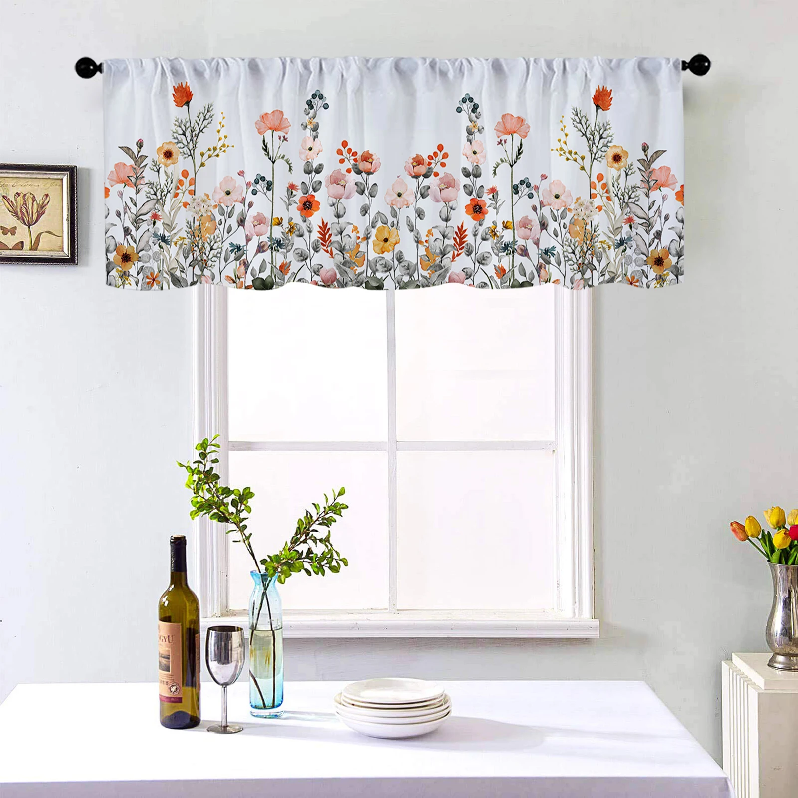 Spring Flowers Kitchen Curtain Valance - White Background Plants Rod Pocket Window Treatment 54x18 inch