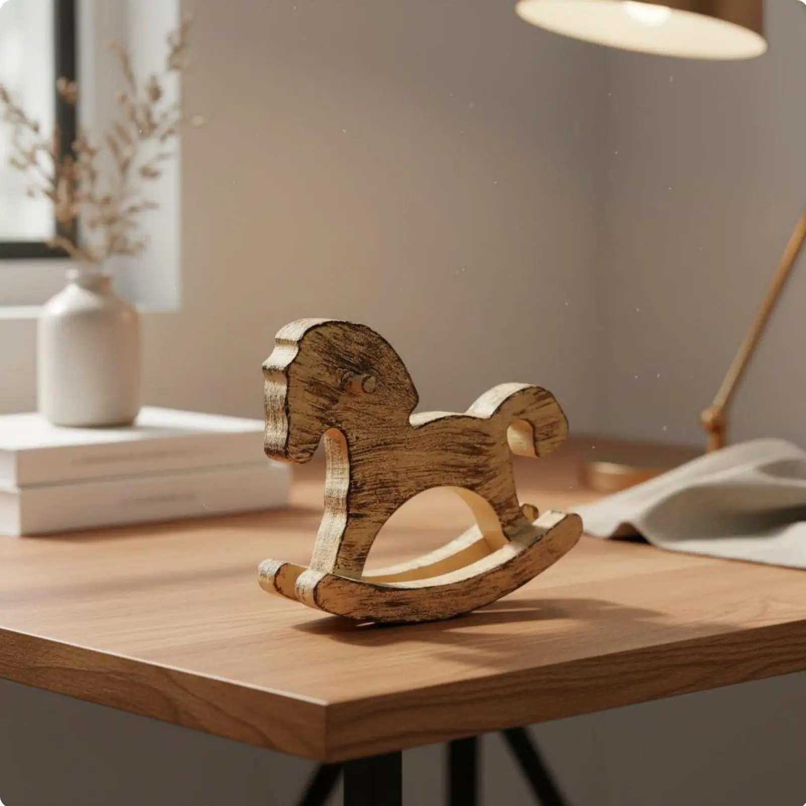 White Wood Rocking Horse Miniature Statue Distressed Finish for Decorative Figurine Tabletop Shelf Display