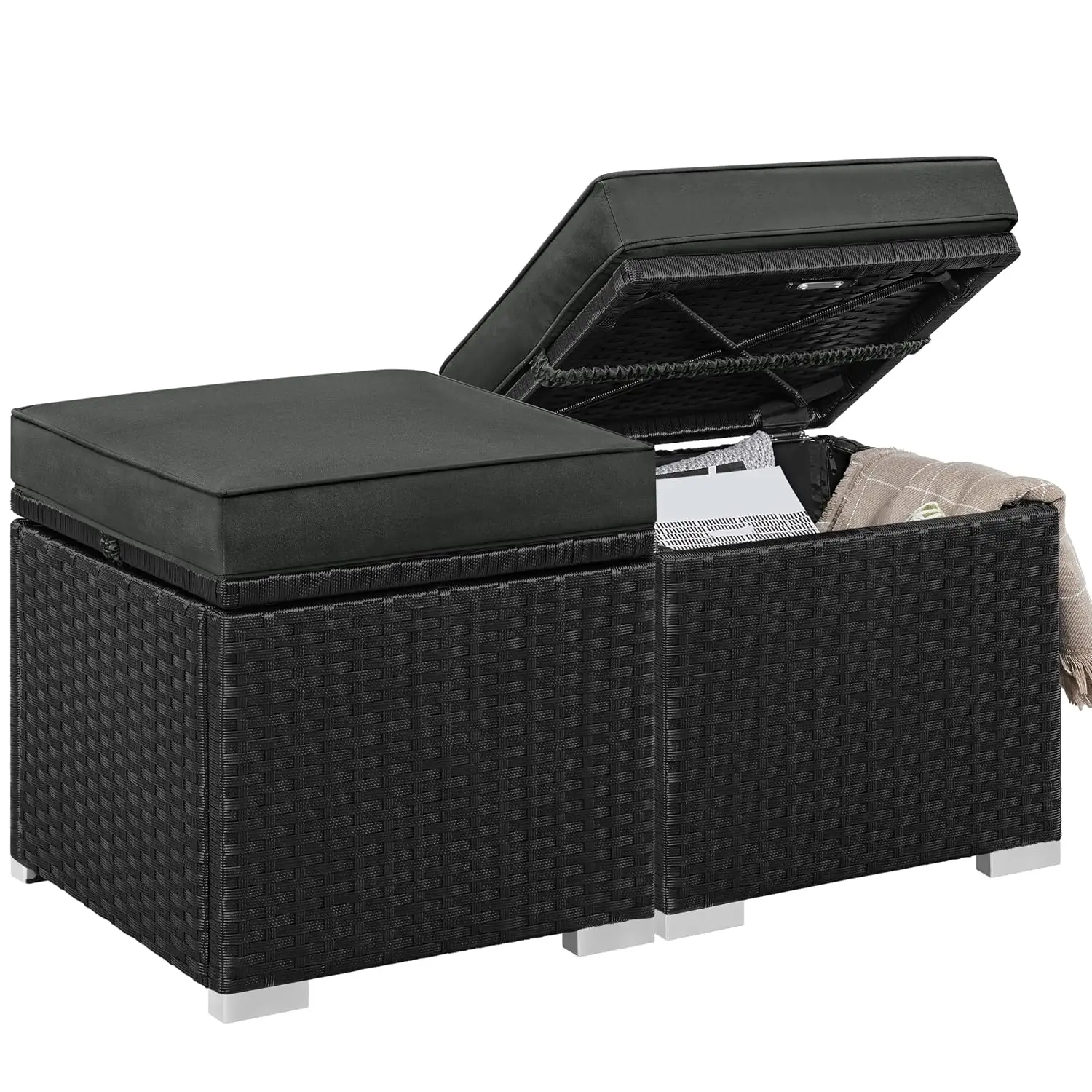 Wicker Ottomans, Set of 2 PE Rattan Side Tables, Black/Gray