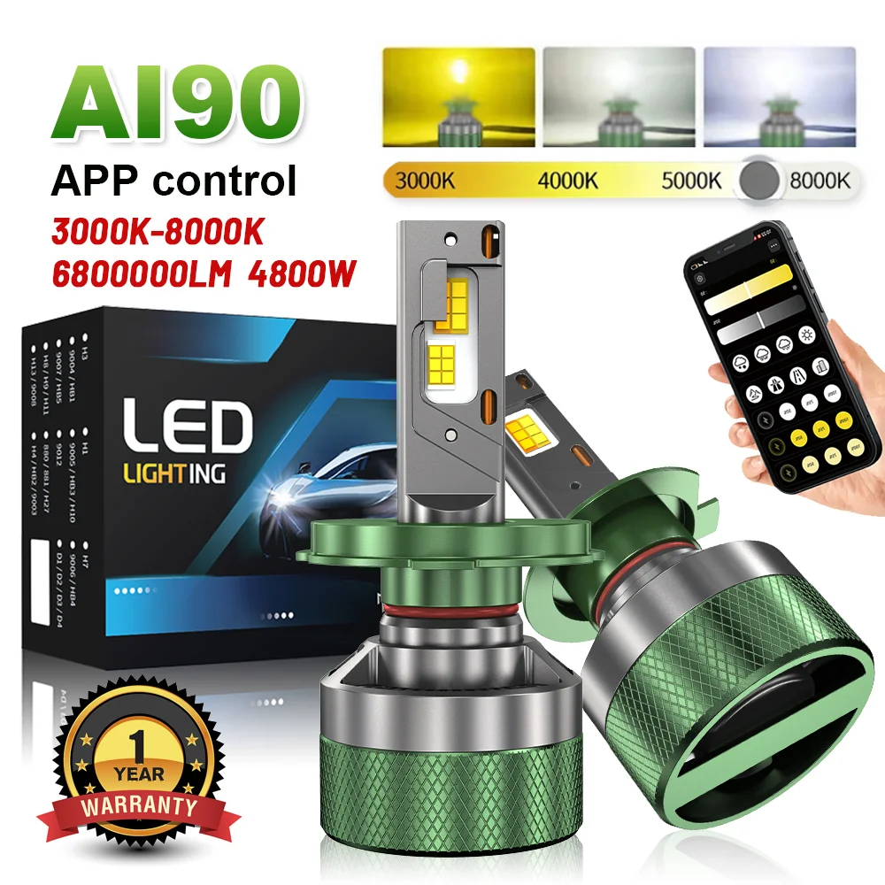 

AI Smart H7 LED Headlight H1 H4 H8 H9 H11 9005 HB3 9006 HB4 9012 High Power Headlamp 3000K-6000K LED Bulbs 3 Color APP Control