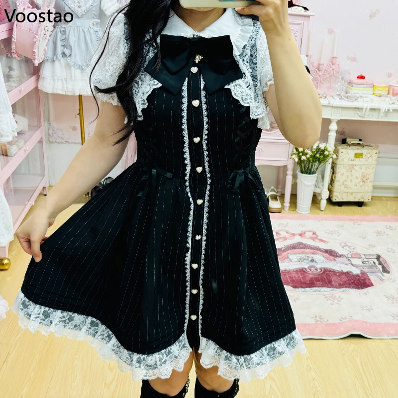 Mini abito stile Lolita gotico giapponese Y2k da donna dolce volant in pizzo falso abiti slim in due pezzi abito da festa con camicia con fiocco vintage