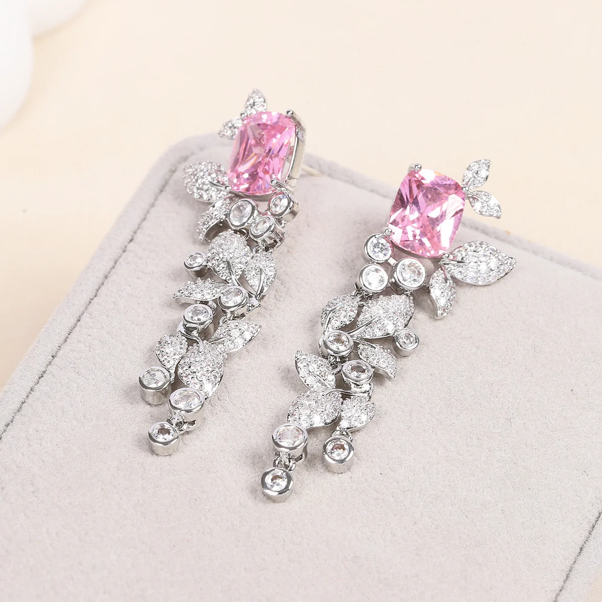 925 Silver Needle Pink Gemstone & Clear Crystal Leaf Drop Earrings, Silver-Tone Statement Jewelry for Women Party Daily Wear