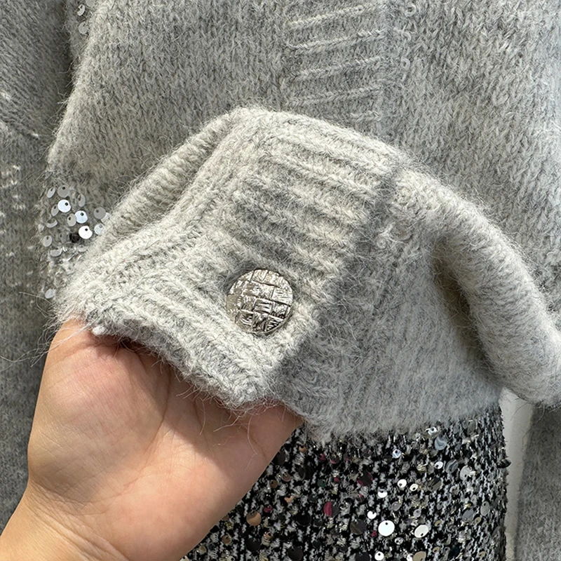 Glänzende Pailletten-Strickjacke für Damen, Herbstmode, V-Ausschnitt, einfarbig, weich, warm, Pullover im französischen Stil