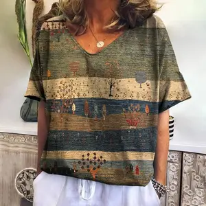 Kẻ sọc t -shirt với ảnh ghép nữ, áo len thông thường của harajuku, áo cánh ngắn, áo khoác thời trang nữ, áo sơ mi mùa hè, mới 10 Cờ vua bán hàng chính T -shirts - №2