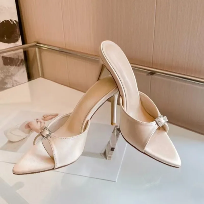 Champagne Color Square Buckle High Heeled Slippers for Women's Fashion Slim Heeled Pointed Sexy Open Toe Flip Flops 7/9CM