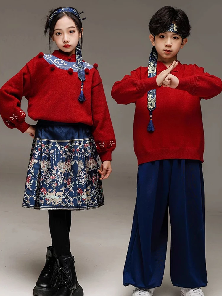 Frühling Festival Childs Jazz Dance Kostüm Für Mädchen Jungen Hip Hop Street Dance Performance Kostüm Chinesischen stil Rot Set XH1896