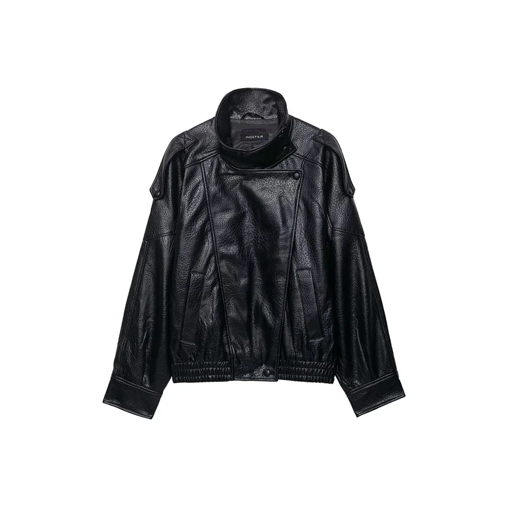 

Autumn new women's black versatile faux leather long sleeved stand up collar jacket jacket