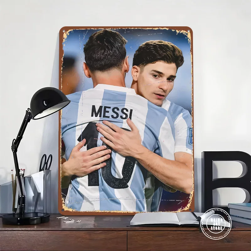Messi and Alvarez Hugging Celebration Tinplate Poster Customized Wall Art Vintage Metal Signs Retro Tin Plaque for Office Decor
