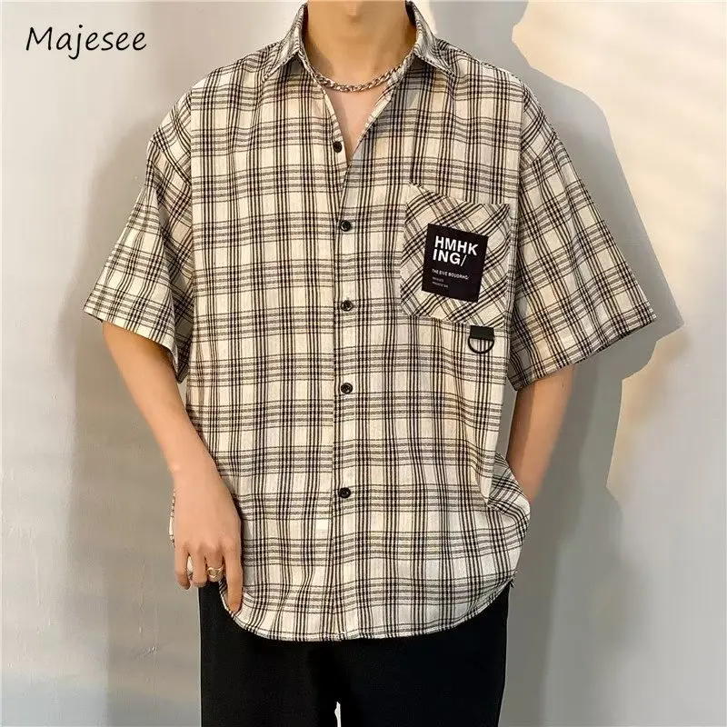 

Casual Shirts Men Loose All-match Fashion Basic Cozy Daily Unisex Plaid Korean Style Clothing Popular College Teens Harajuku New