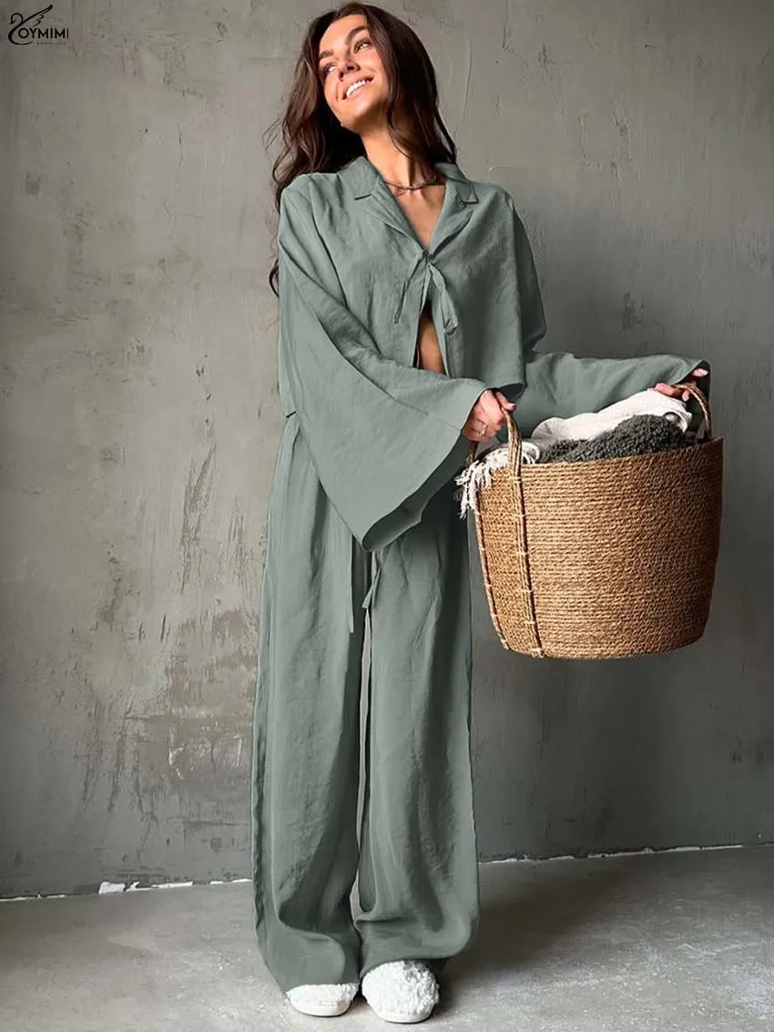 Oymimi أنيقة خضراء فضفاضة 2 قطعة مجموعات امرأة الزي موضة كم طويل الدانتيل متابعة القمصان والرباط مستقيم بنطلون مجموعات