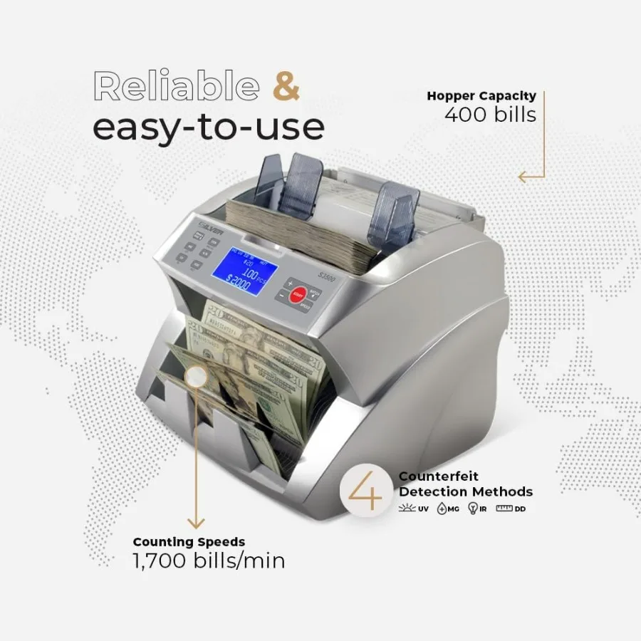 Contatore di banconote ad alte prestazioni con funzionalità avanzate di rilevamento contraffatto, incluso UV MG IR DD DBL HLF CHN per A