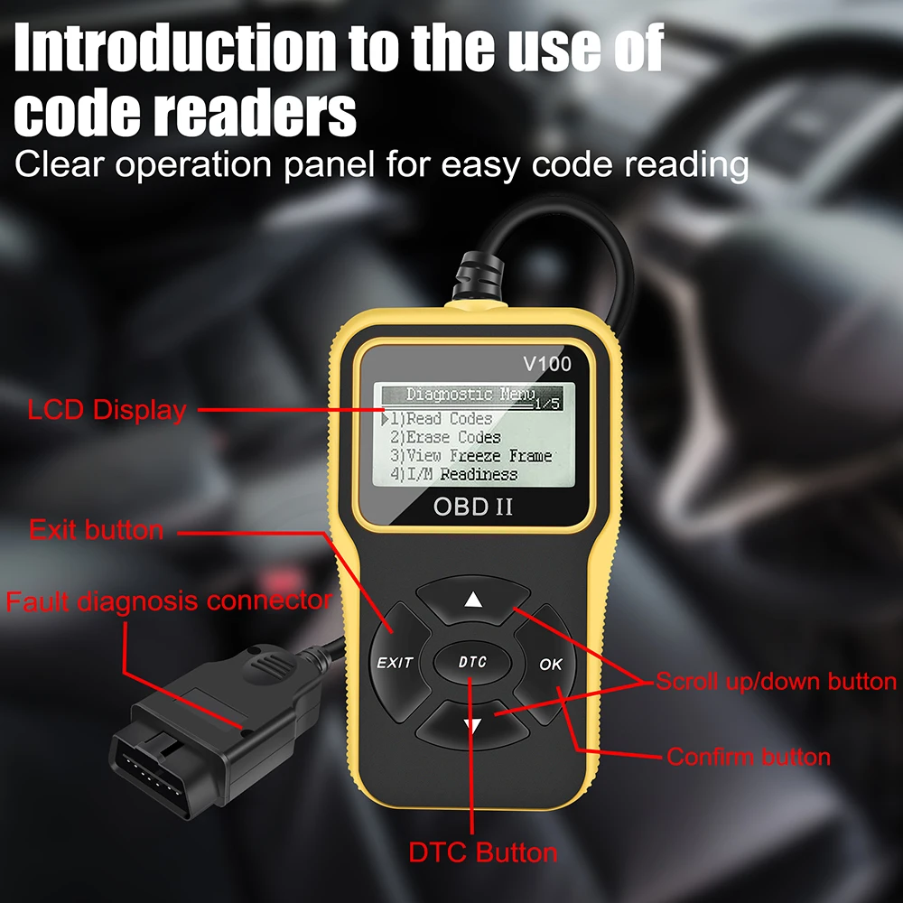 OBD 2 Scanner 16 Pin Car Diagnostic Tools OBD2 Code Reader Digital Display V100 Car Accessories Engine Diagnostic Instrument