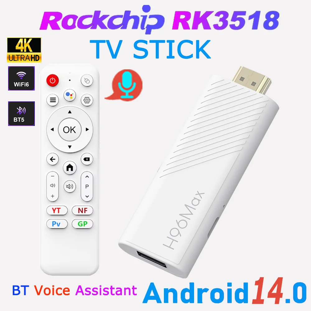 H96 Max RK3518 Android14.0 TV Stick Quad Core 4K Wifi6 BT5.4 BT Voice Assistant Remote Control 2GB 16GB Smart TV Box