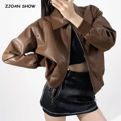 2023 American Retro COOL Women Vintage PU Leather Jacket Fashion Zipper Full  Sleeve Coat Loose Short Outwear Black Brown