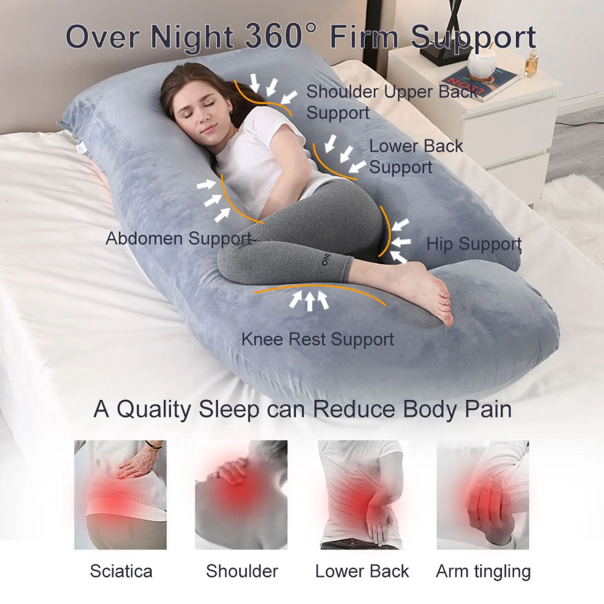 Washable J-Shaped Pregnancy Pillow, Side Sleeping Back & Belly Support, Detachable Maternity Body Pillow