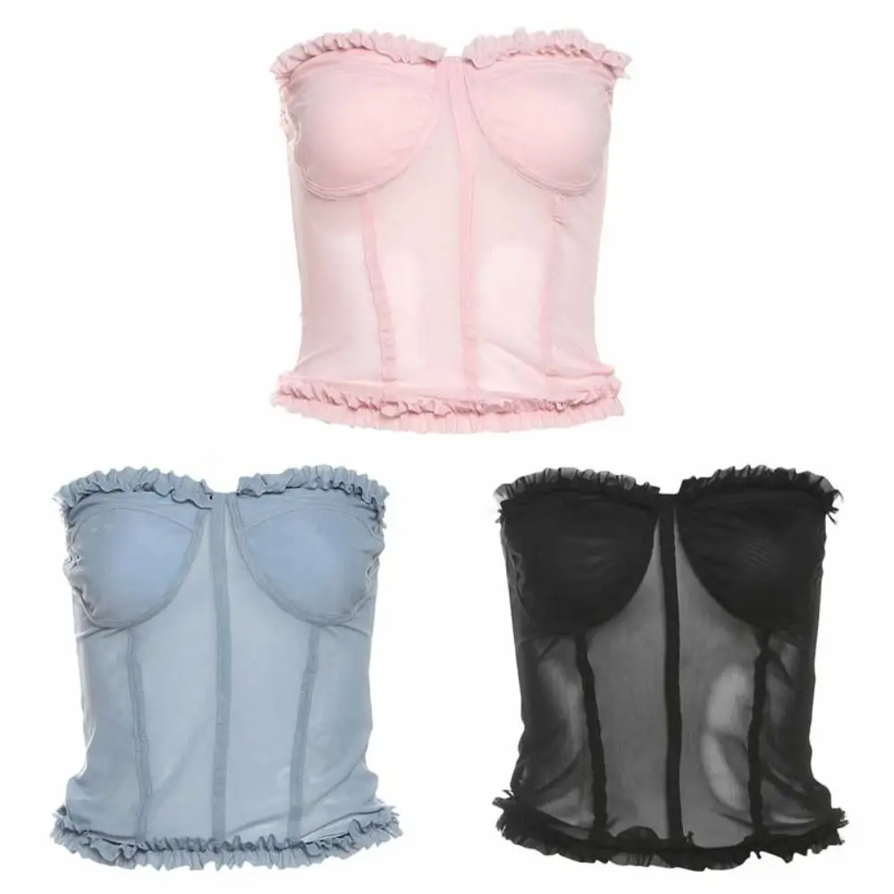 ファッションノースリーブレースキャミソールラップチェストボトムシャツ女性用メッシュコルセットラッフルタンクスリムクロップトップスストリートウェア