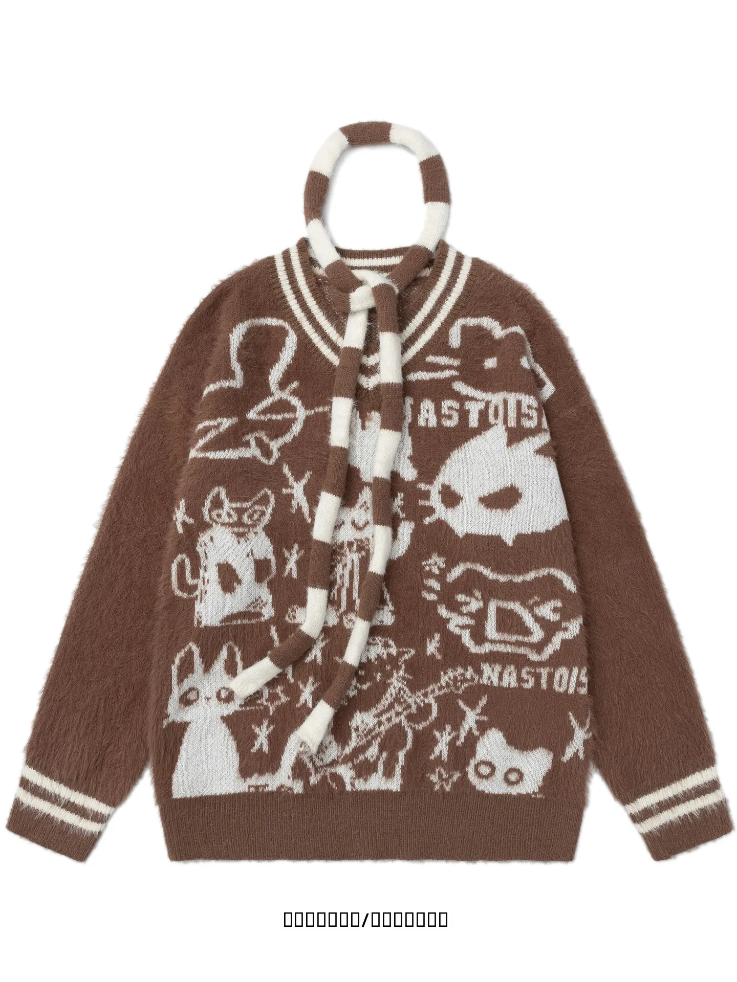 

Свитер свободного кроя с V-образным вырезом и шарфом в стиле колор-блок с мультяшным принтом для женщин, осенне-зимняя мода