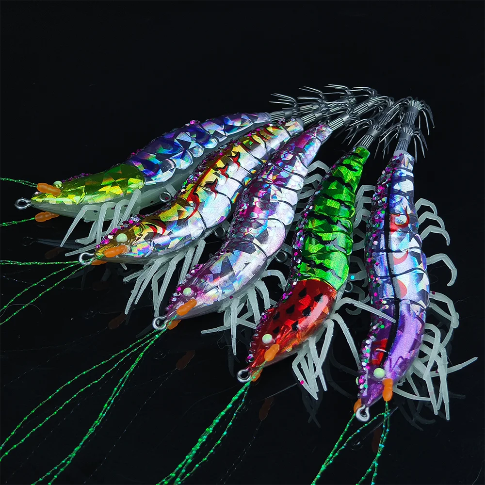5Pieces Egi Set Squid Bait Wooden Shrimp Set Jukkumi Egi Watermelon Laser Rattle Flying Squid Jig Horizontal Jig Horizontal Egi image 2