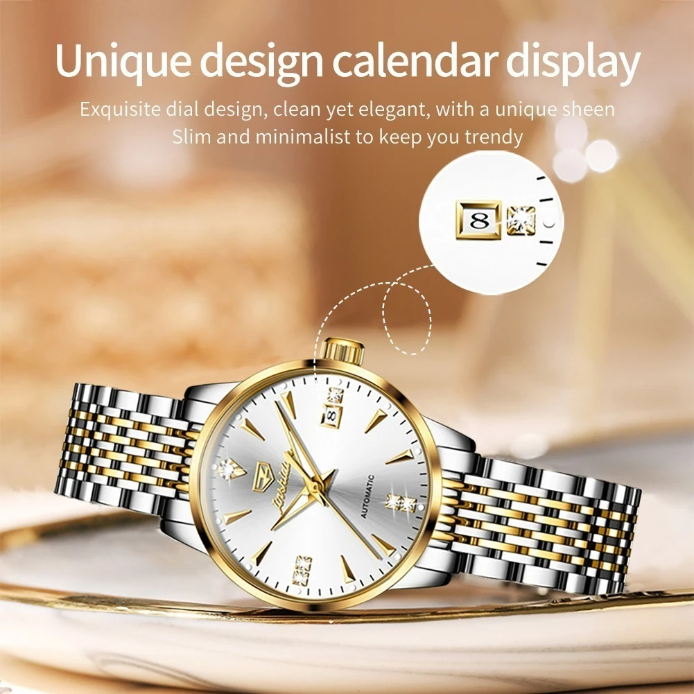 JSDUN 8943 기계식 패션 시계 선물 스테인레스 스틸 시계 밴드 라운드 다이얼 손목 시계 달력