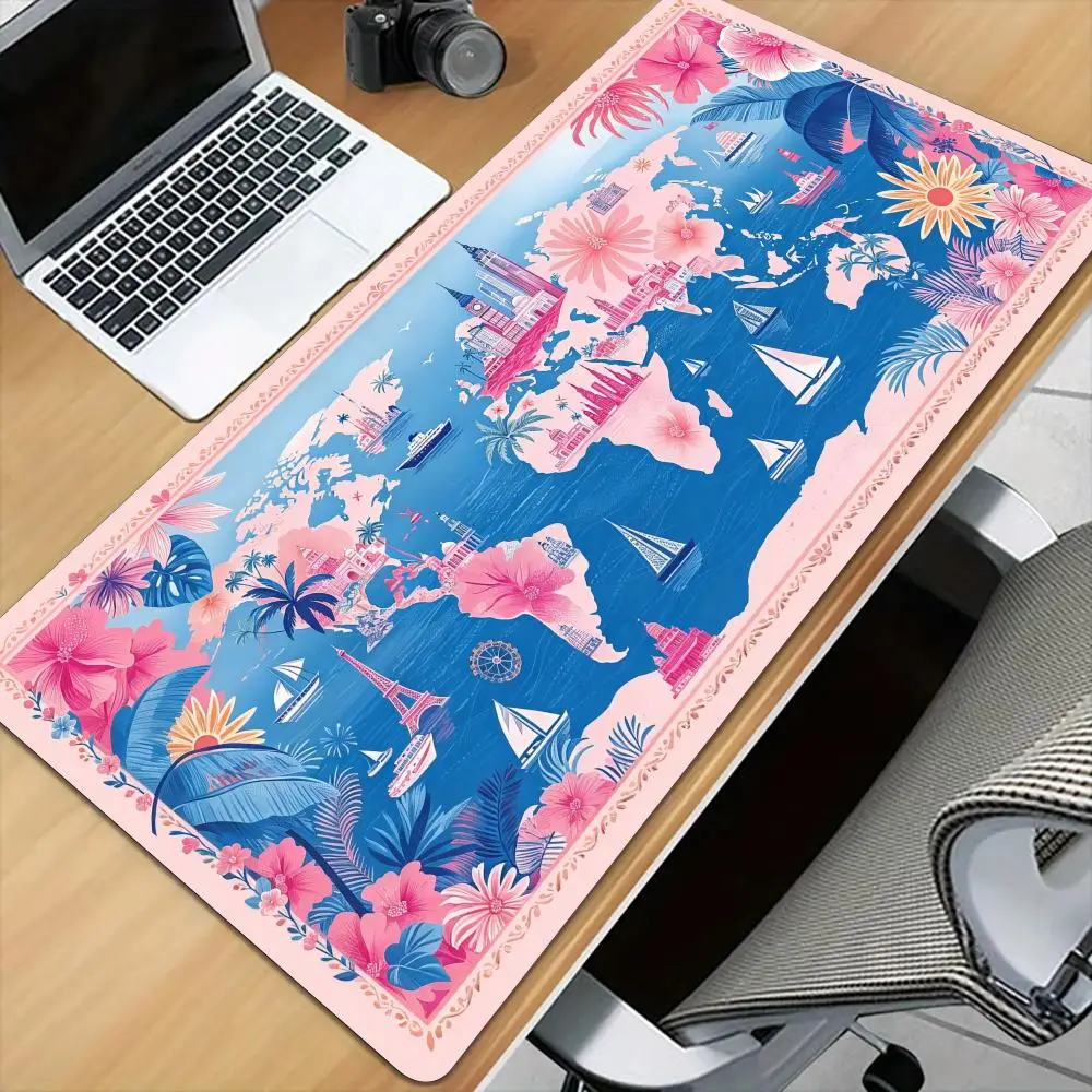 Elegant Floral Map Mouse Pad Desk Mat with Stitched Edge XXL Mousepads Rubber Anti-slip Gamer Keyboard Rug Gaming Mats Mauspad