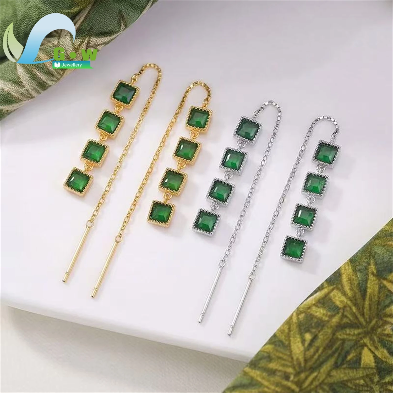 Natural Jadeite Square Geometric Ear Line Earrings Women Minimalist Versatile High End Silver Gemstone Jewelry Charm Gift