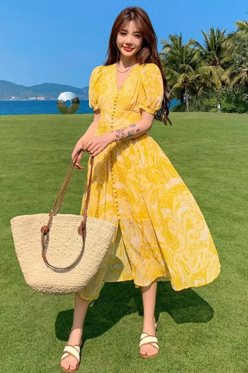 

Summer Bohemian Yellow Women's Senior Sense Chiffon V-Neck High Waist Thin Temperament Elegant Fashion Seaside Resort Long Dress