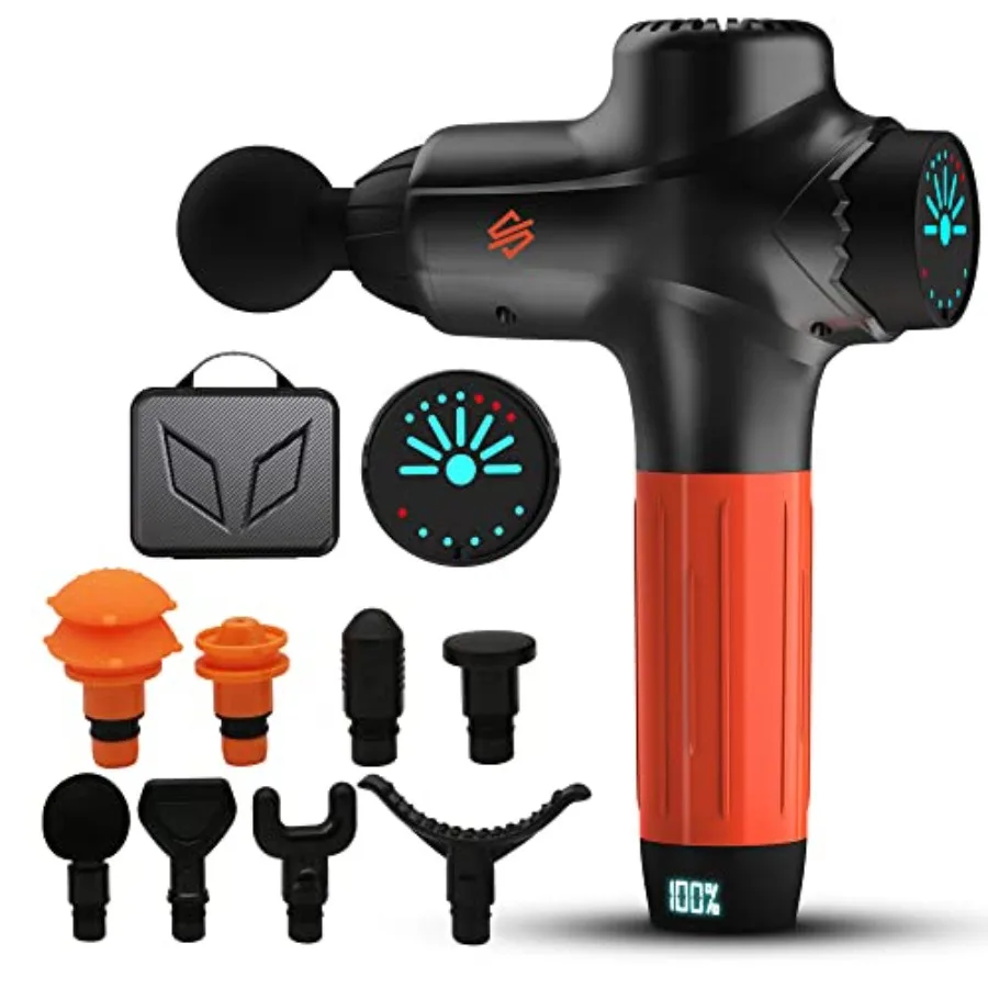 

Портативный электрический массажный пистолет с сенсорным экраном, 7 уровней скорости и 8 массажными головками, литиевая батарея 4800 мАч для глубоких тканей