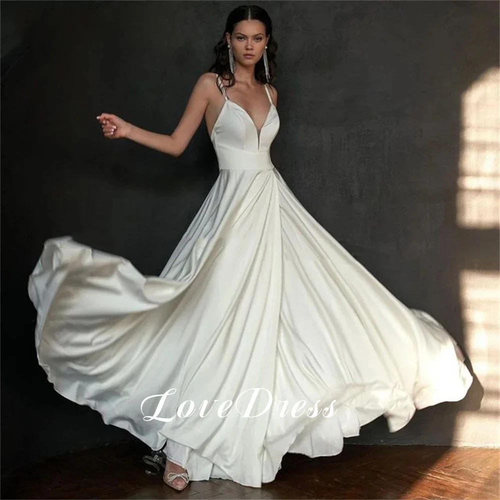 Cinta sederhana tali Spaghetti V-Neck noda A-Line lipatan gaun pernikahan sederhana Backless panjang lantai gaun pengantin Vestidos De Novia