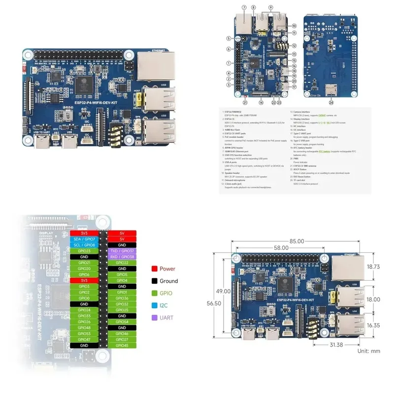 ESP32-P4 Multimedia Development Board with onboard ESP32-P4 MCU and ESP32-C6 chip, supporting Wi-Fi 6/Bluetooth BLE5