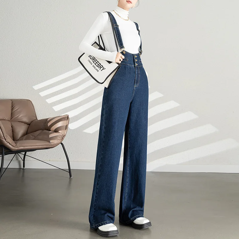 

High Waist Wide Leg Denim Overalls Women's Loose Fit Slim Straight Junior Size Small Belted Pants Autumn Faion Blue