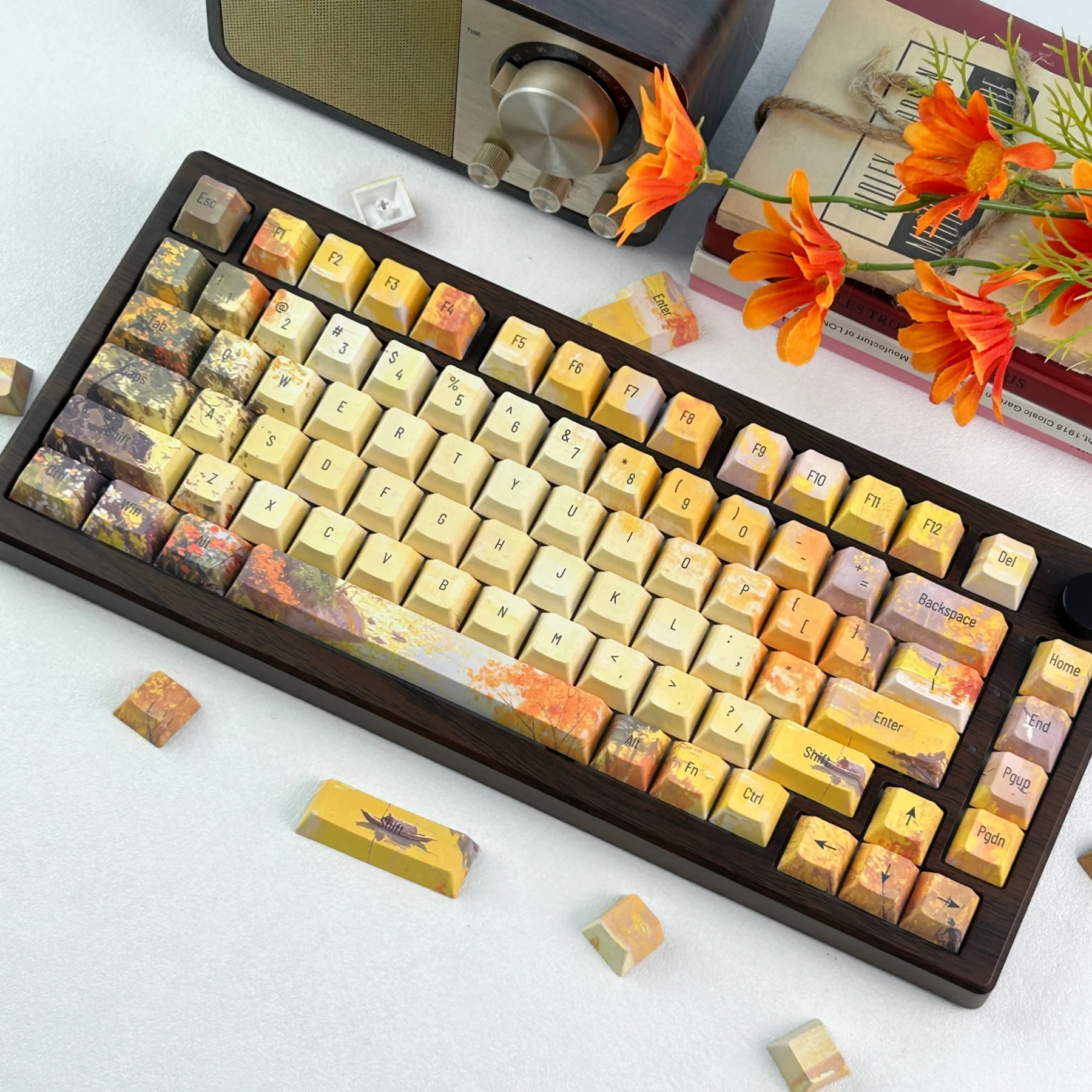 MAIMOOO Golden Autumn Keycaps Cherry Profile Retro Oil Painting Style Maple Leaf Lake PBT Custom Keycap for Mechanical Keyboard