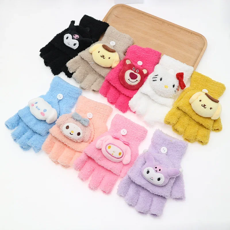 Kawaii Sanrio Hello Kitty Kuromi Golves Women Cartoon Warm Flap Open Half Finger Y2K Knitted Coldproof Gloves Christmas Gift