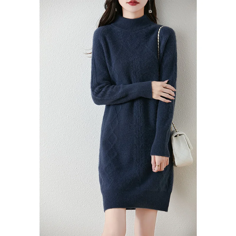 2024 new autumn and winter, women's short dress, casual, Korean style, popular, half turtleneck, wool knitted skirt