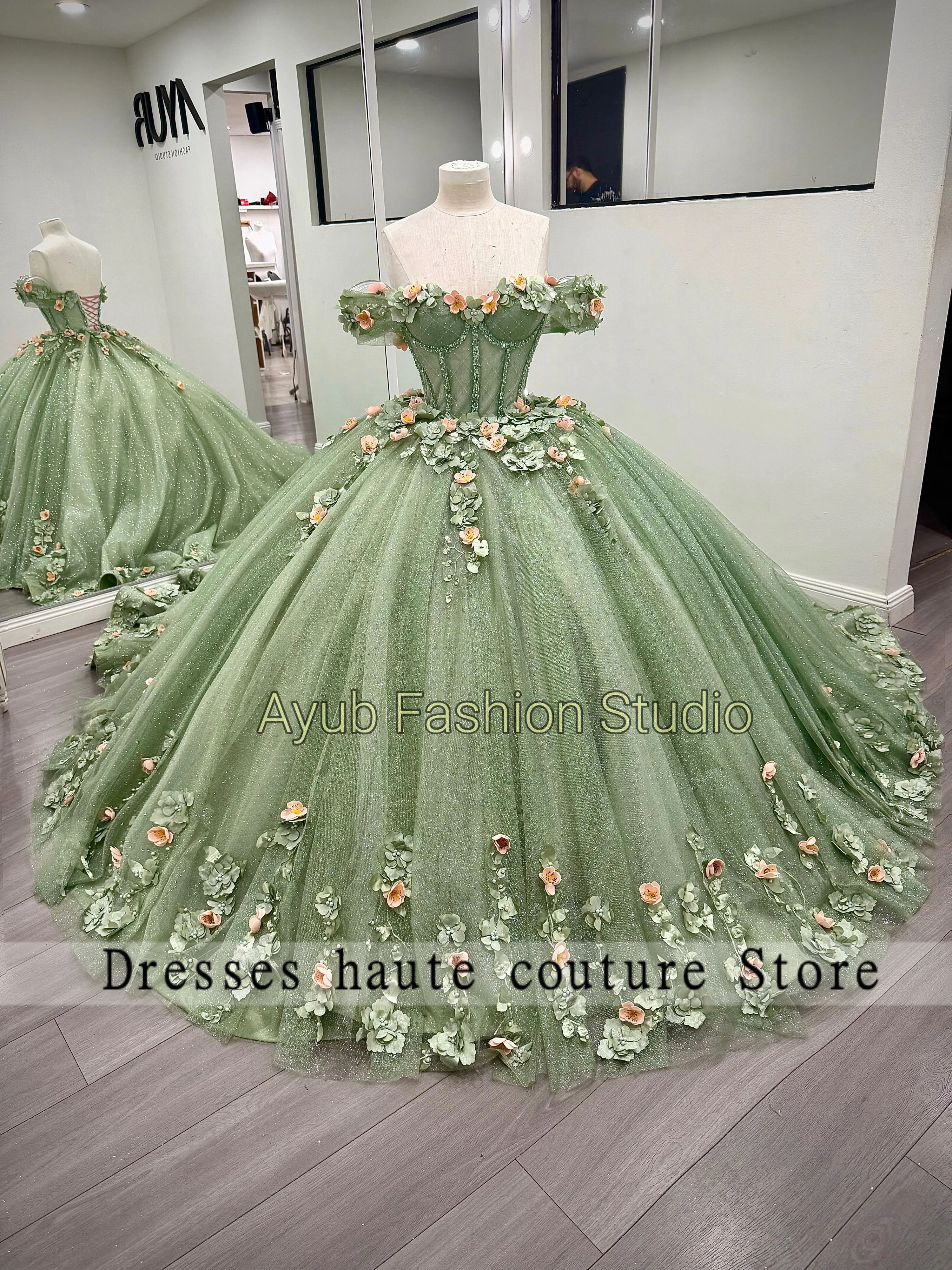 Sage Green Off Shoulder Quinceanera Dress 16 With 3D Floral Appliques Sparkly Tulle Sweetheart Quinceanera Kleider 15 Customized