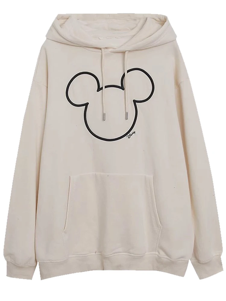 Disney Sweatshirt Mickey Mouse Letter Embroidery Cartoon Print Sweet Women Pockets Hooded Long Sleeve Fleece Jumper Tops 4 Color