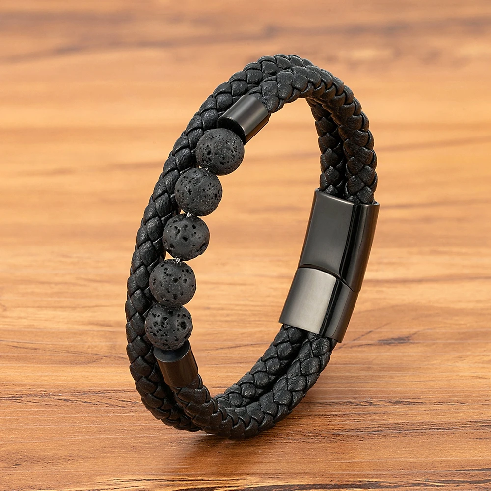 TYO High Quality  Natural Stone Tiger Eye Beaded Bracelets Woven Leather Bangles Men Classic Fashion Magnet Clasp Jewelry Gifts