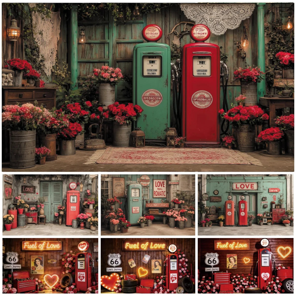 

Vintage Valentine's Day Photography Backdrops February 14th Red Fuel Pump Floral Couple Celebration Portrait Decor Backgrounds
