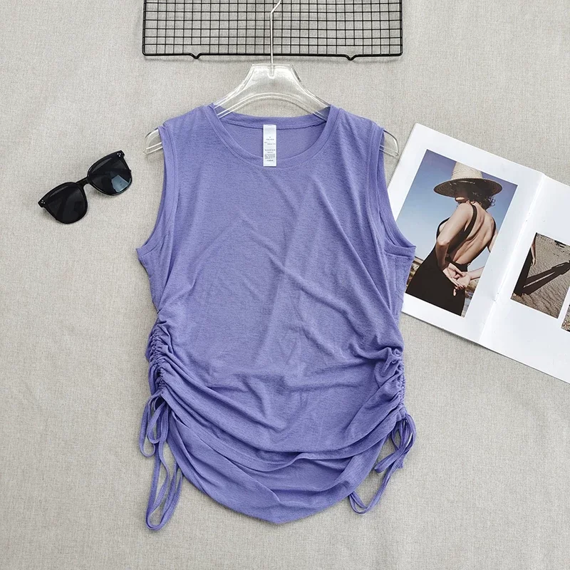 Women's Flattering Fit Sleeveless Workout Tank Cooling Slub Drawstring Hem for Yoga Gym Daily Wear