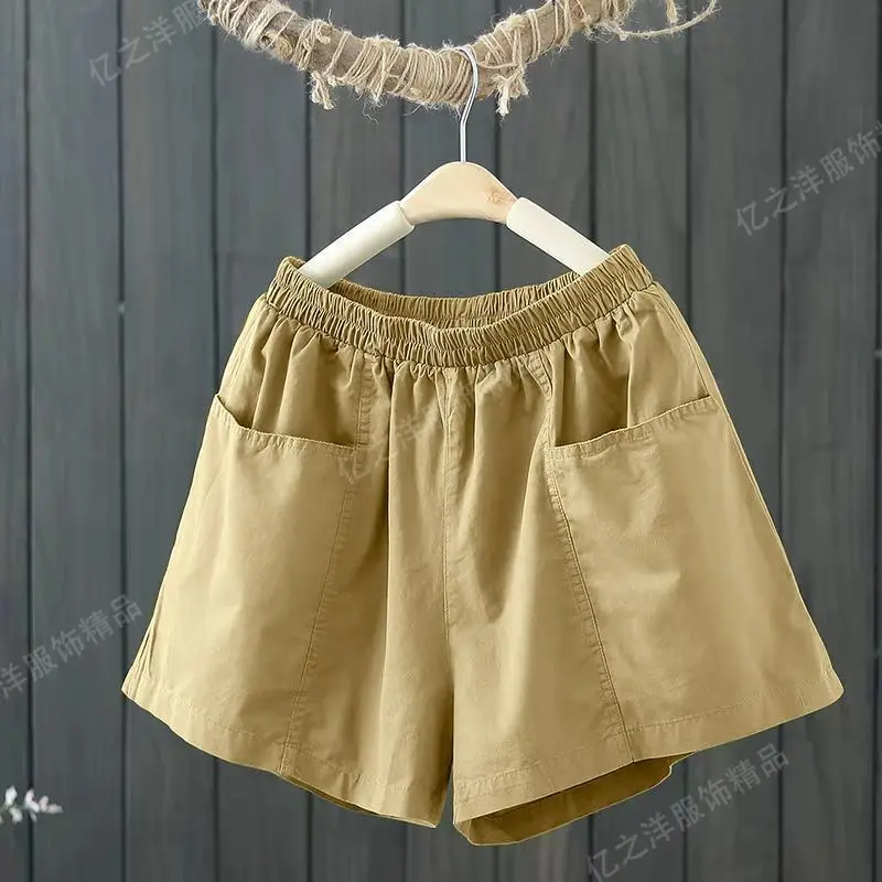 Shorts for Women's Summer Loose Casual New Elastic Waist Solid All-match Pocket Patchwork Wide Leg Pants Vintage Fashion Clothes