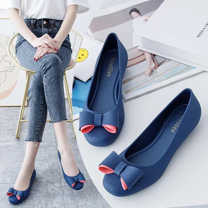 2024 Summer New Product Color blocked Butterfly Bow Baotou Rain Shoes Matte Soft Bottom Jelly Single Shoes for Women