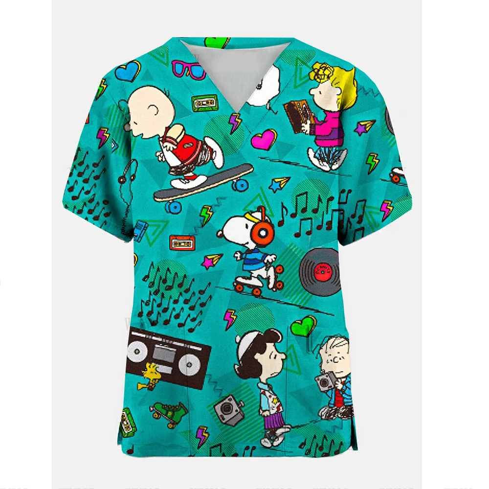 2024 Scrub Tops For Women Short Sleeve Snoopy Spa Uniform Medical Uniforms Beauty Pet Shop Nurse Uniform V Neck Tunic Pockets