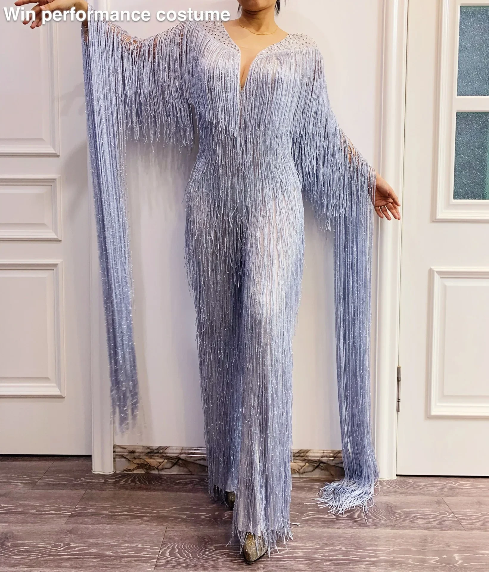 Longt tassel Crystals Jumpsuit Sexy Rhinestones Bodysuit Women Nightclub Outfit Singer Stage Dance Costume