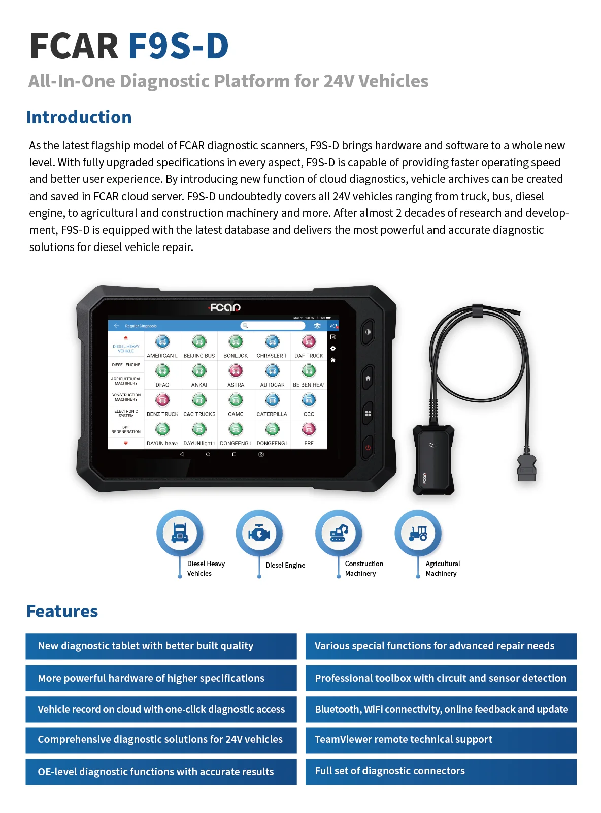 FCAR F9S-D 2024 newest diagnostic scanner for 24V truck bus  engine machinery diagnostic scan tool truck scanner