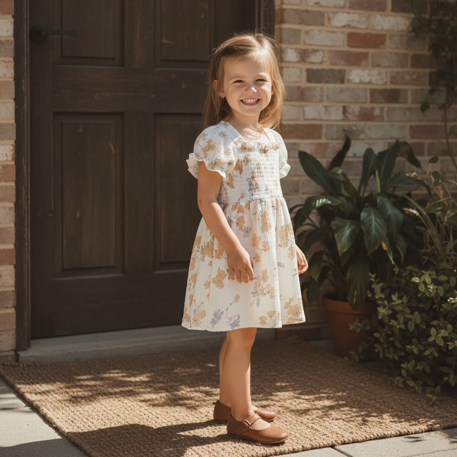 Toddler Girl Floral Dress Puff Sleeve Smocked Bodice Square Neck Dress for Everyday Wear